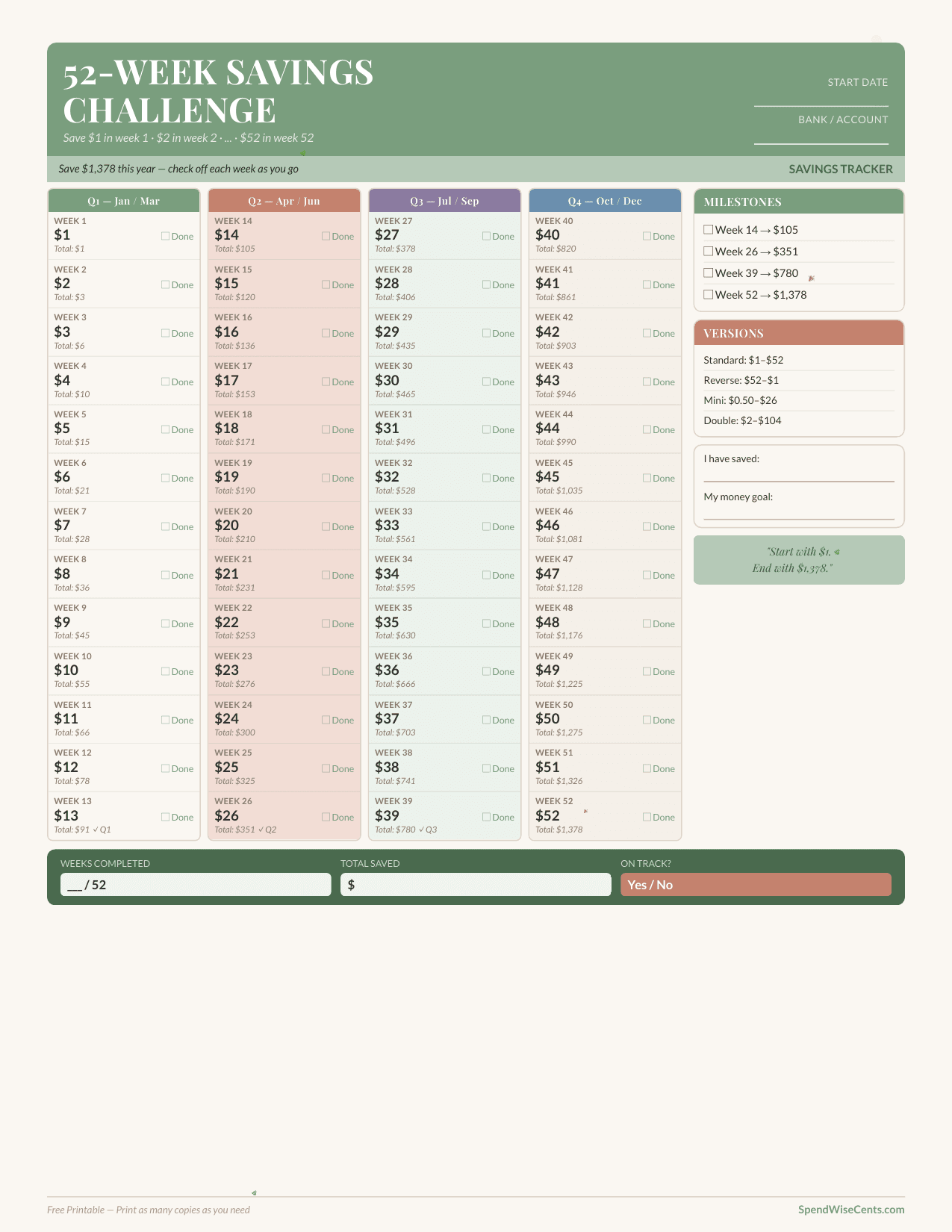 Preview of 52-Week Savings Challenge Printable Tracker