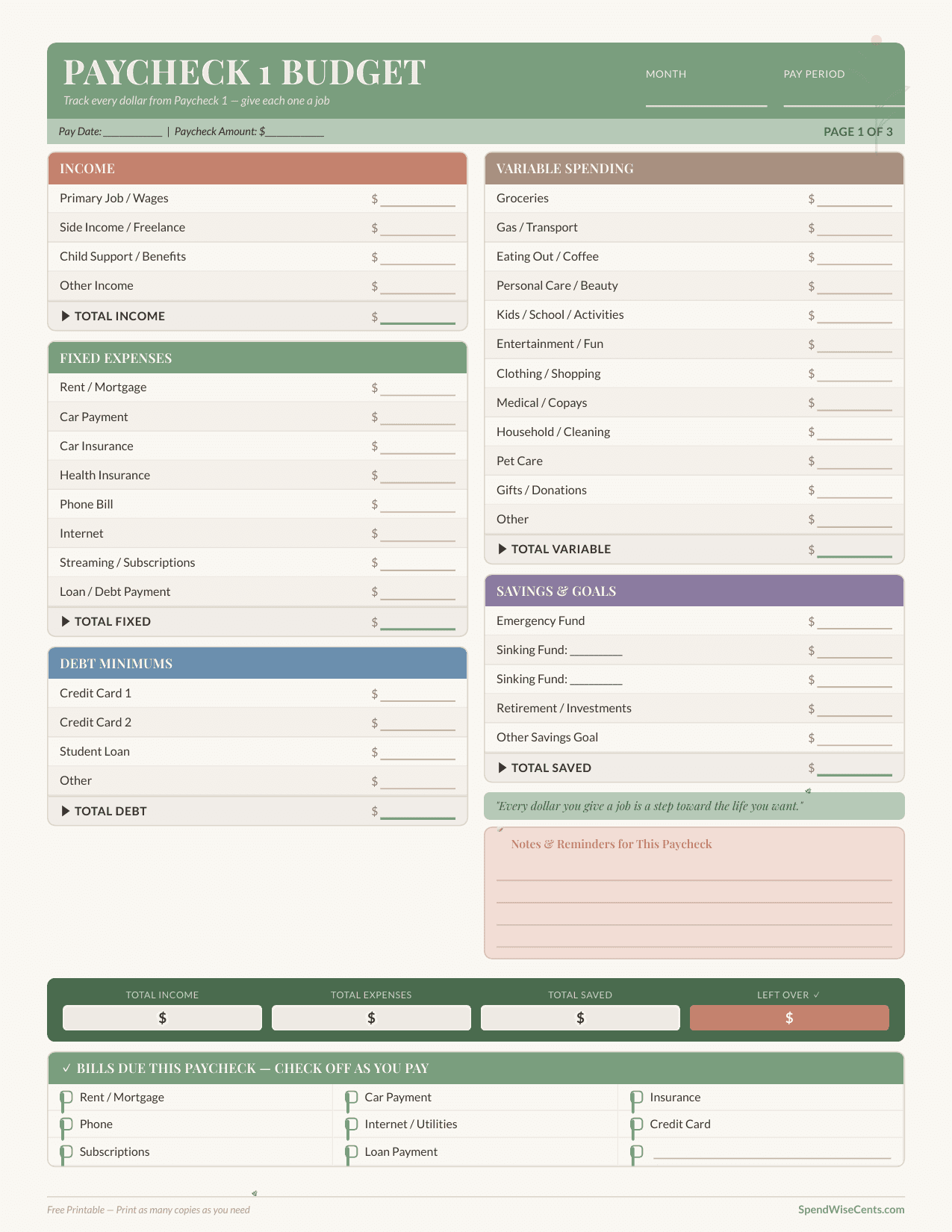 Preview of Free Biweekly Budget Worksheet (2-Page Printable)