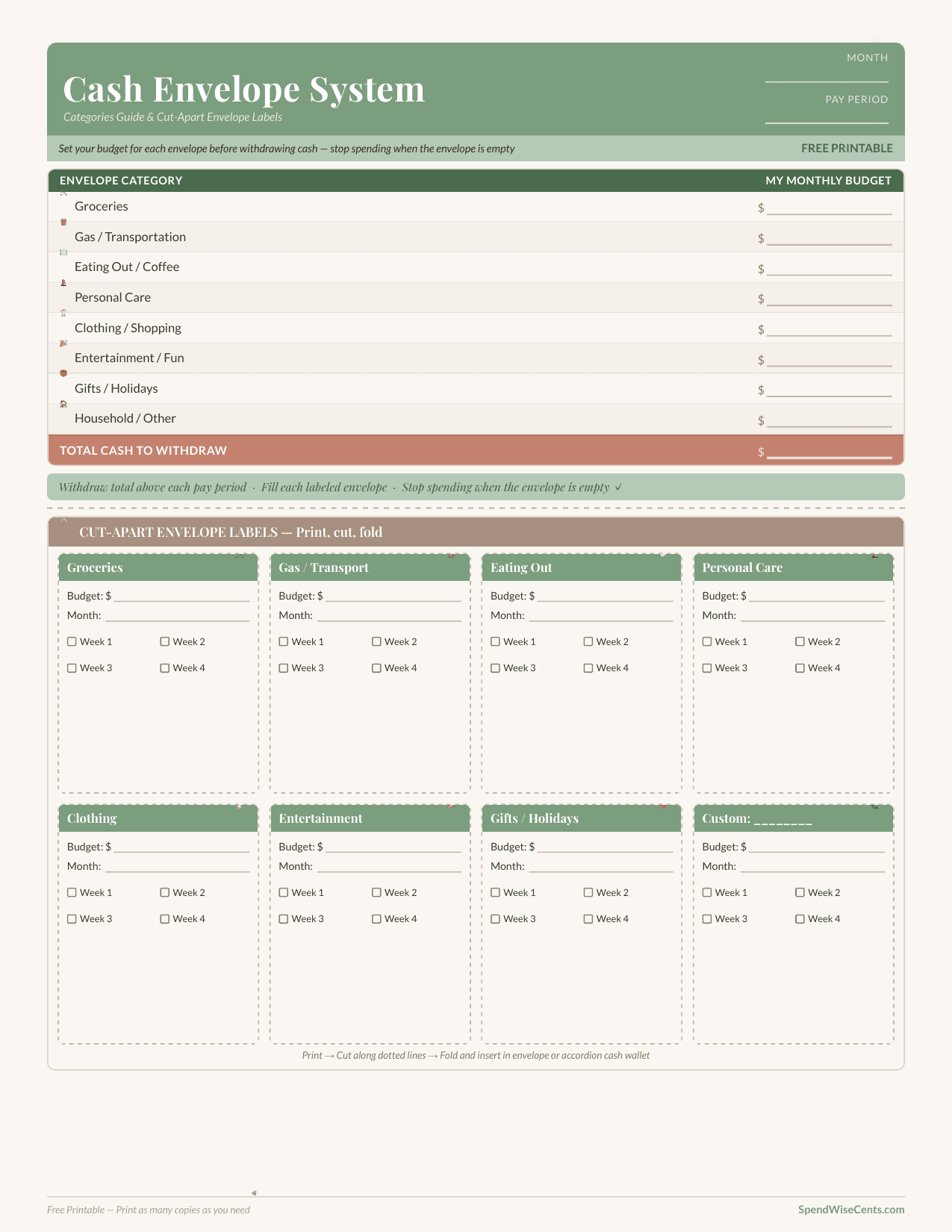 Preview of Free Cash Envelope Printable: Categories Guide + Cut-Apart Labels