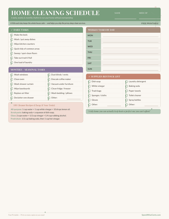 Preview of Free Home Cleaning Schedule