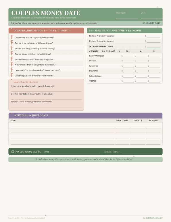 Preview of Free Couples Money Date Worksheet
