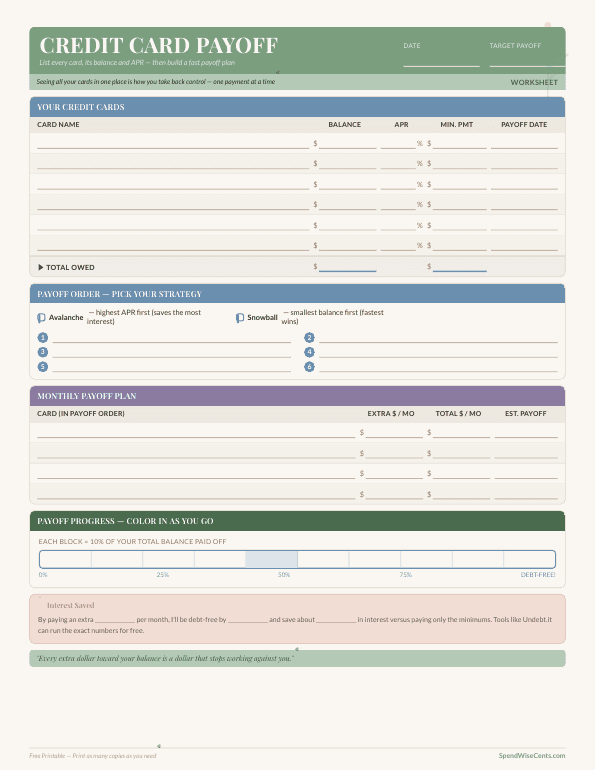 Preview of Free Credit Card Payoff Worksheet