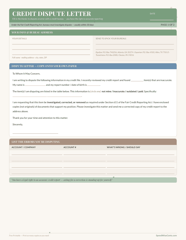 Preview of Free Credit Report Dispute Letter Template