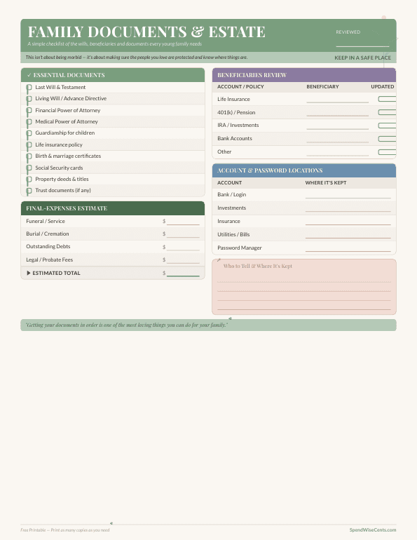 Preview of Free Family Documents & Estate Checklist