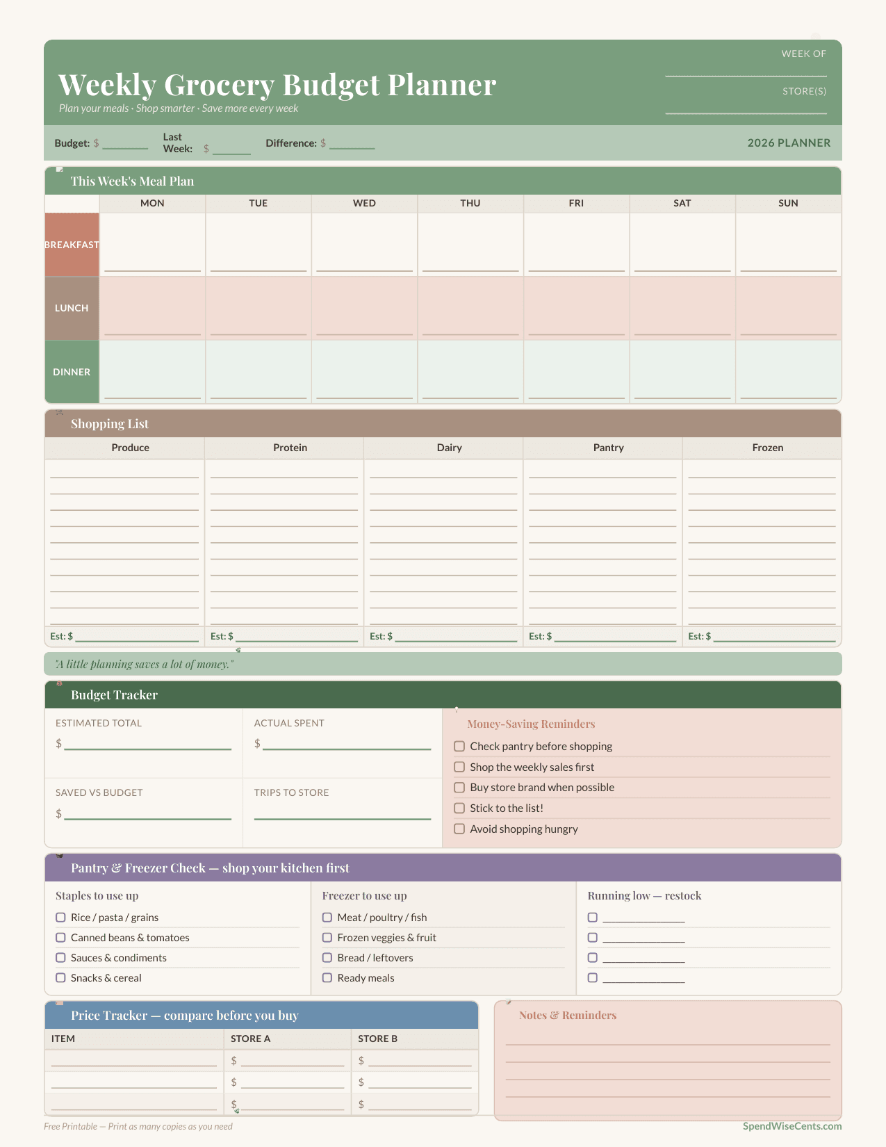 Preview of Free Weekly Grocery Budget Planner Printable