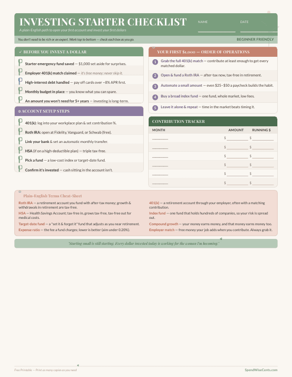 Preview of Free Beginner Investing Starter Checklist