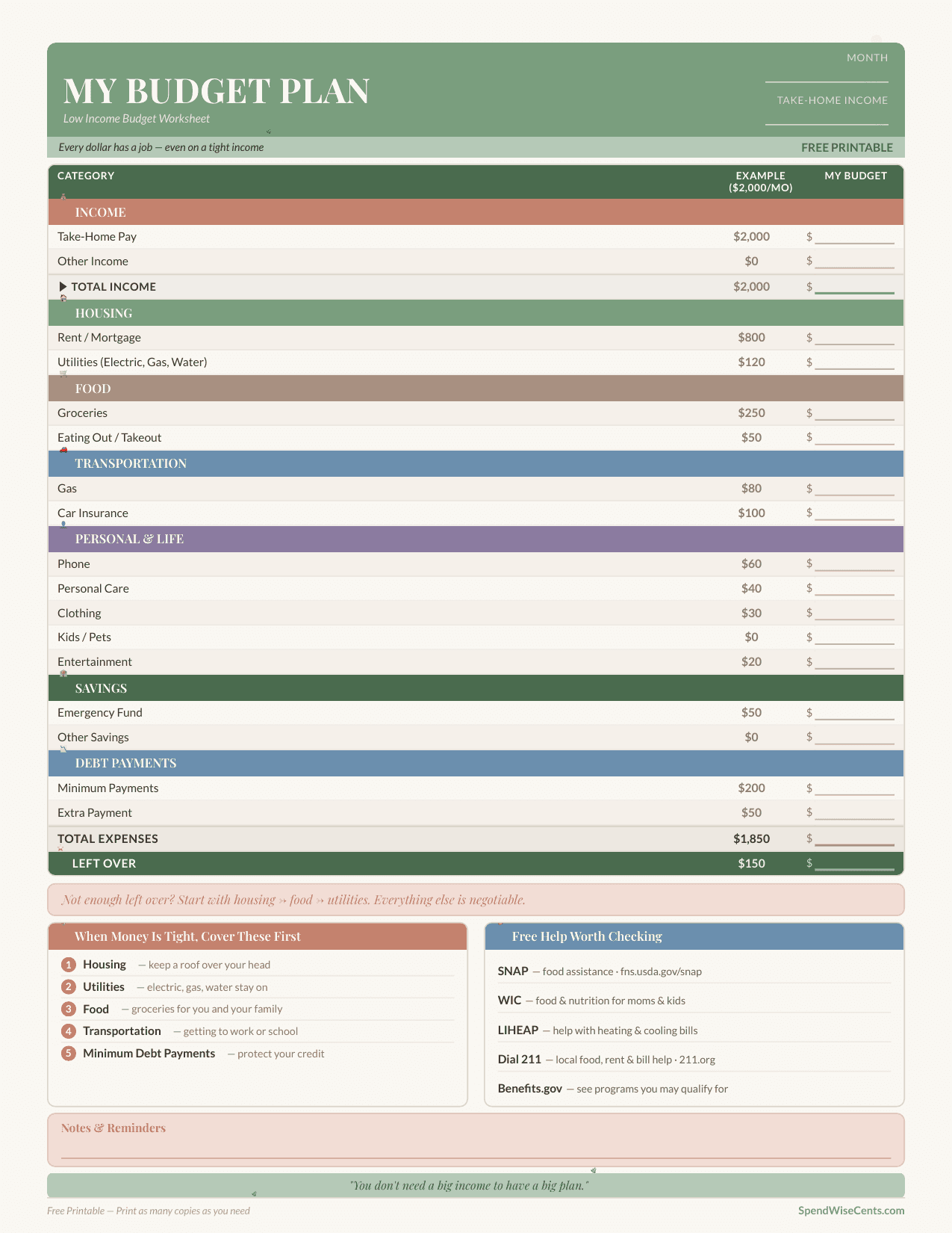 Preview of Low Income Budget Worksheet