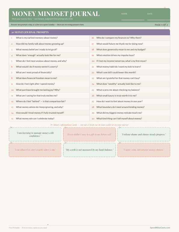 Preview of Free Money Mindset Journal & Affirmations