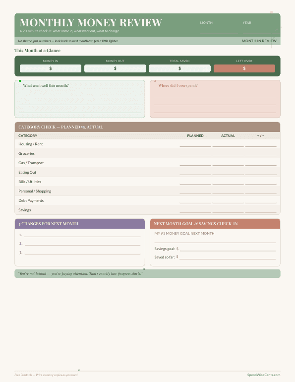 Preview of Free Monthly Money Review Worksheet