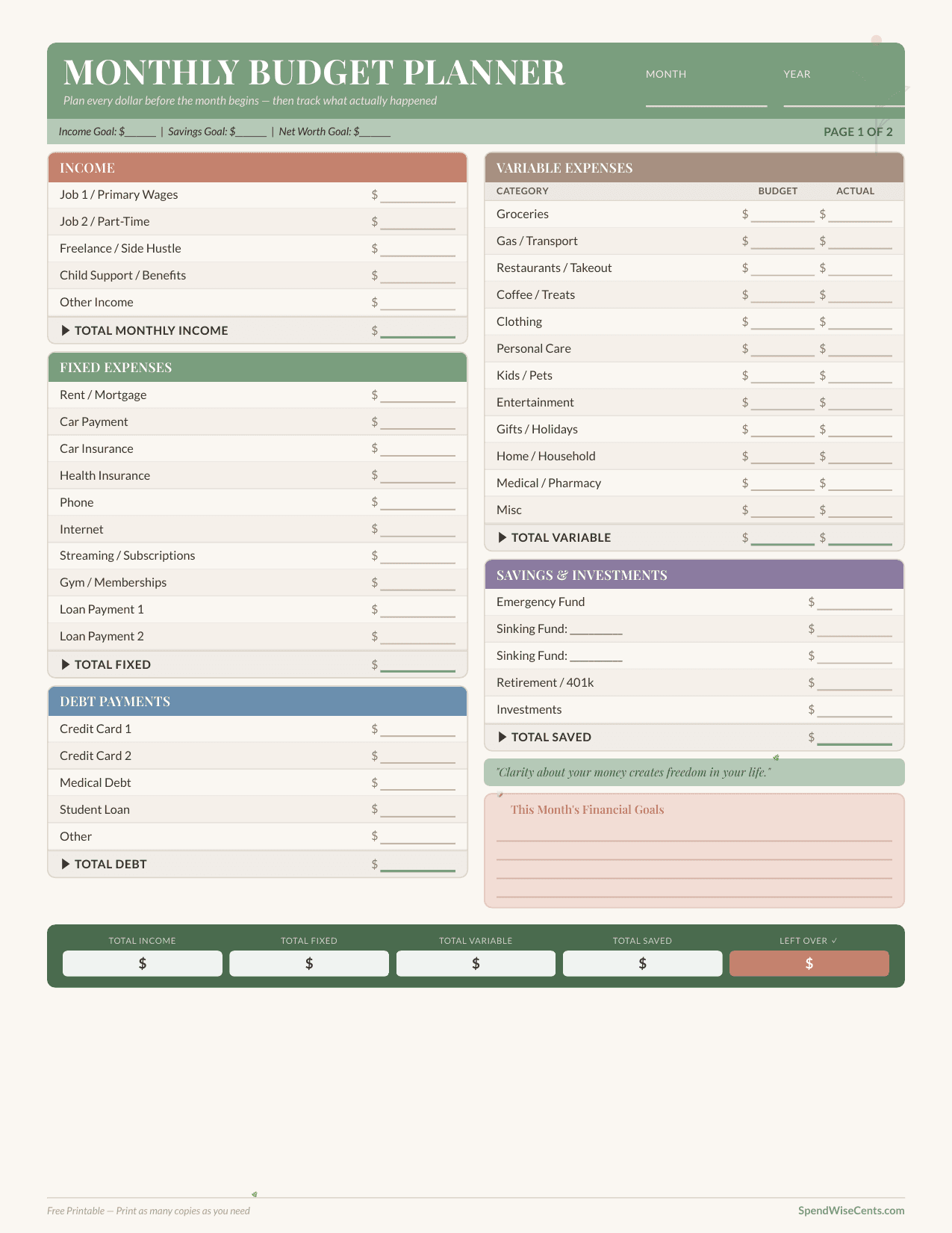 Preview of Free Monthly Budget Template Printable
