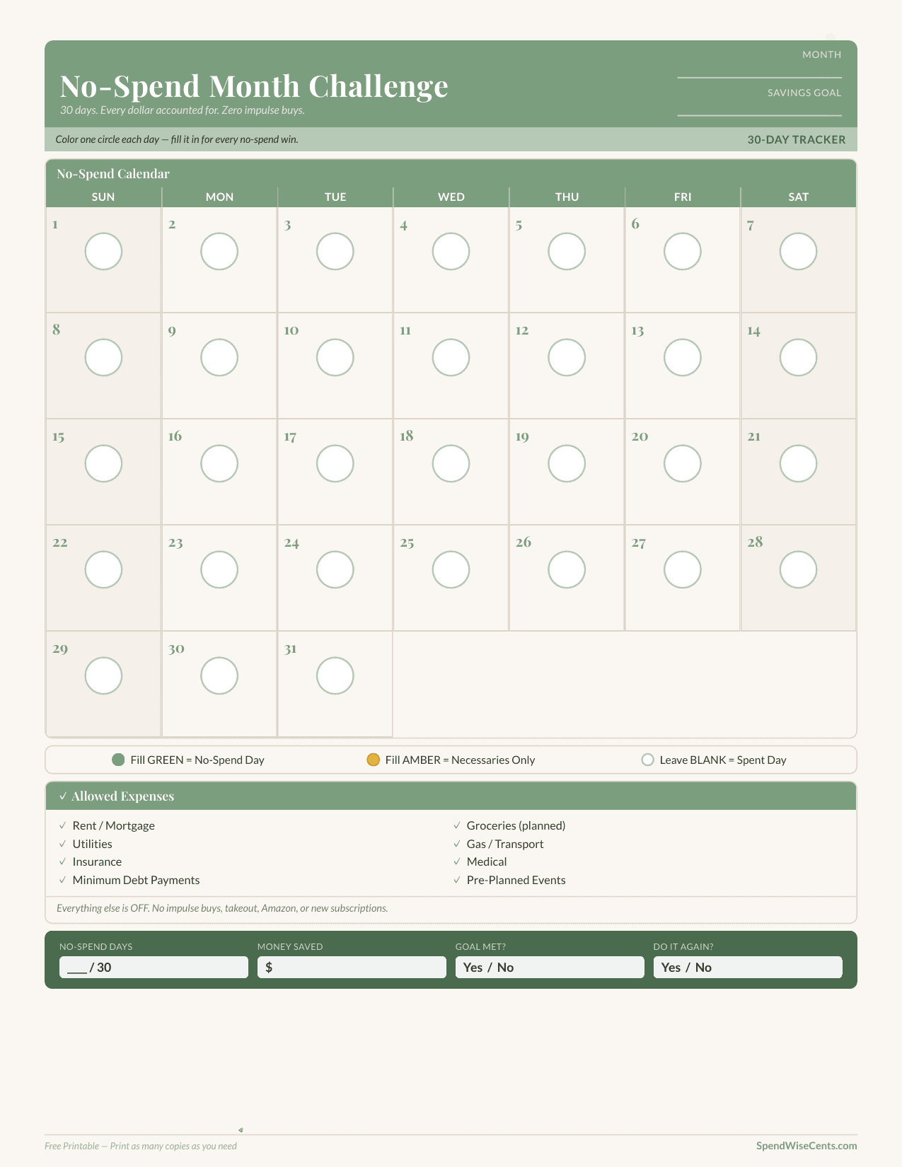 Preview of No-Spend Month Challenge Tracker