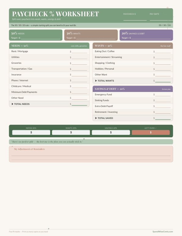 Preview of Free Paycheck Percentage Worksheet