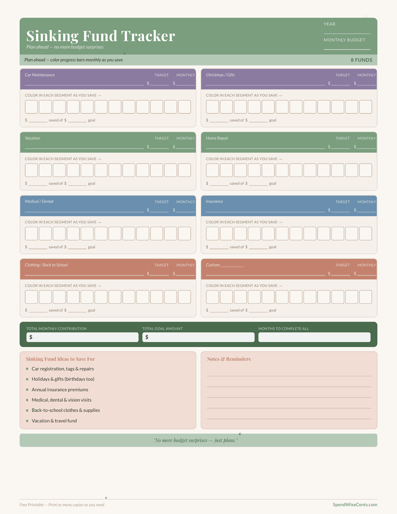 Preview of Free Sinking Fund Tracker Printable