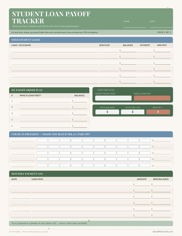 Preview of Free Student Loan Payoff Tracker