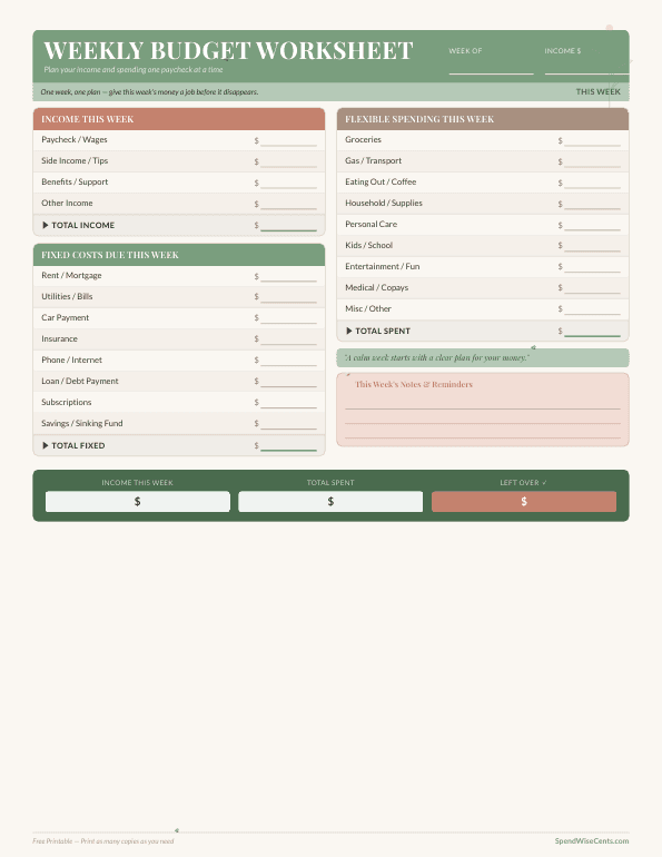 Preview of Free Weekly Budget Worksheet