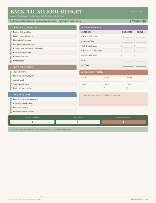 Preview of Free Back-to-School Budget & Supply List