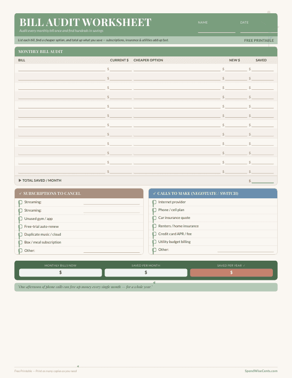 Preview of Free Bill Audit Worksheet