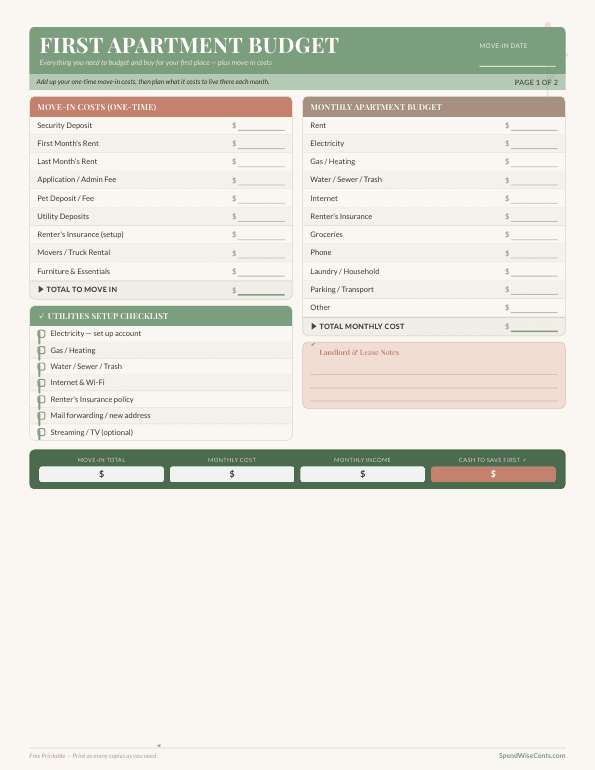 Preview of Free First Apartment Budget & Checklist