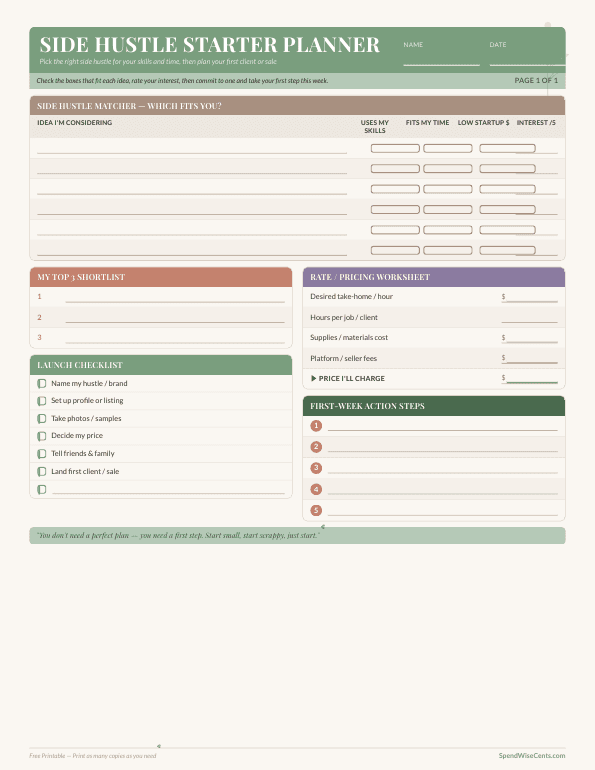 Preview of Free Side Hustle Starter Planner