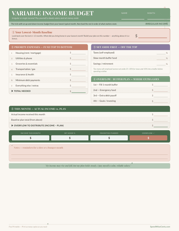 Preview of Free Variable Income Budget Worksheet